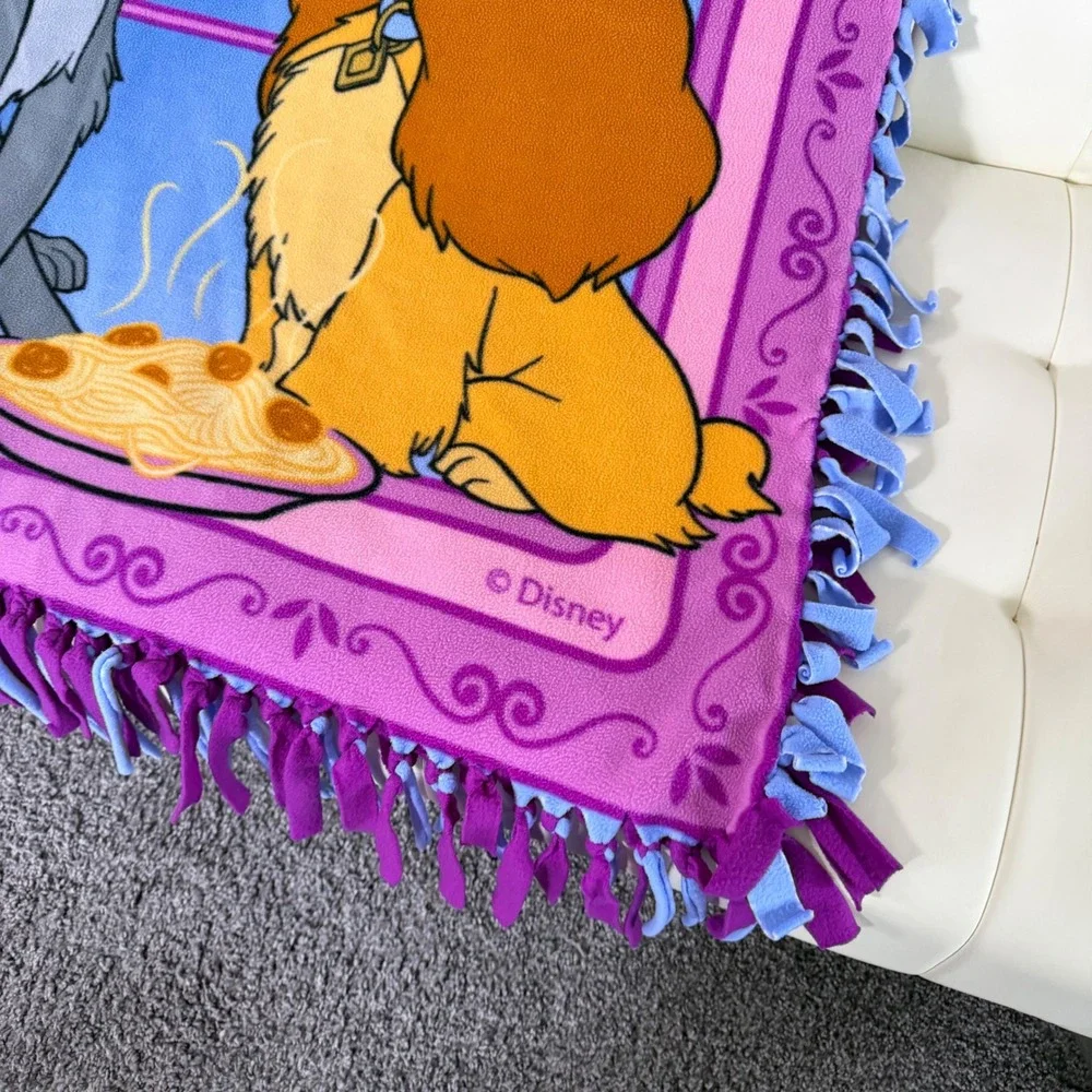 Vintage Disney Lady and the Tramp Blanket Fleece Fringe Purple Pink‎ 37 x 50.5